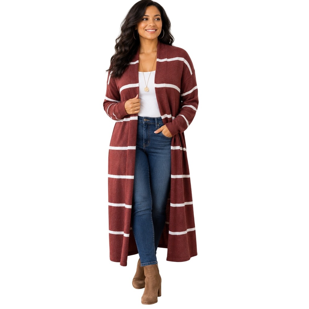 debut Womens M Burgundy Striped Maxi Cardigan Long Open Front Sweater